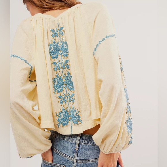 Free People Hayden Sequin Embellished XL Ivory Floral Embroidery On/Off Shoulder - Picture 4 of 7